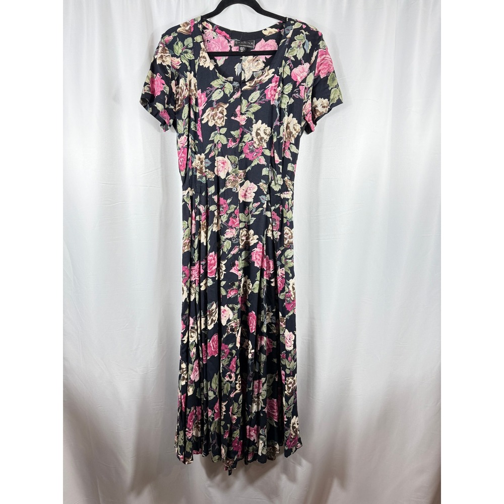 Starina‎ Vintage 90s Floral Maxi Dress Black Pink Rose Button Front Rayon Large